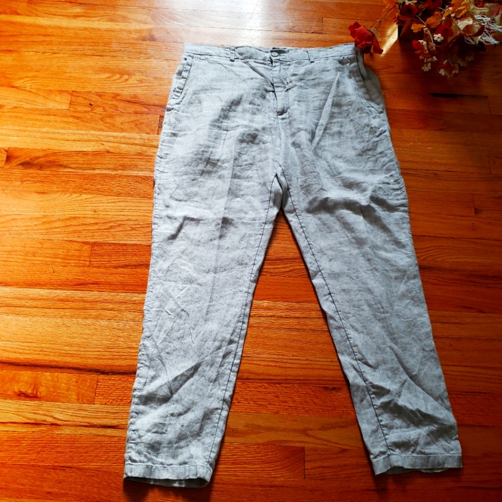 H & M Mens grey Linen pants w/ pockets sz 38R( 38 x30) back elastic band
